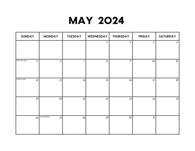 Calendrier de mai 2024 avec jours fériés Calendrier de mai à imprimer Début dimanche et lundi Lettre / A4 PDF / PNG / JPG Agenda de mai image 1