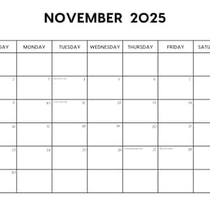 Calendario de noviembre de 2025 con días festivos / Calendario de noviembre imprimible / Inicio en domingo y lunes / Carta / A4 PDF / PNG / Planificador de noviembre