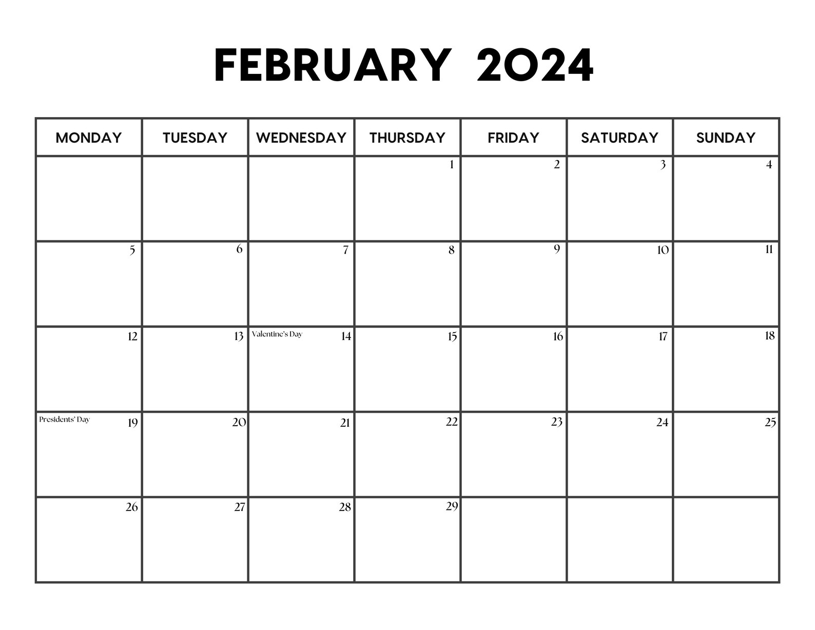 2024 February Calendar With Holidays February Calendar Printable Sunday