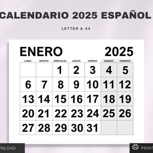 Calendário 2025 em espanhol | Calendário espanhol 2025 para impressão | Início Domingo e Lunas | Letra, Calendário A4 | Calendário Español Imprimível
