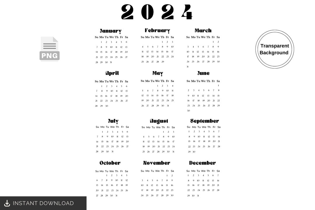 2024 Calendar PNG Digital Calendar PNG Calendar Printable 2024 Calendar