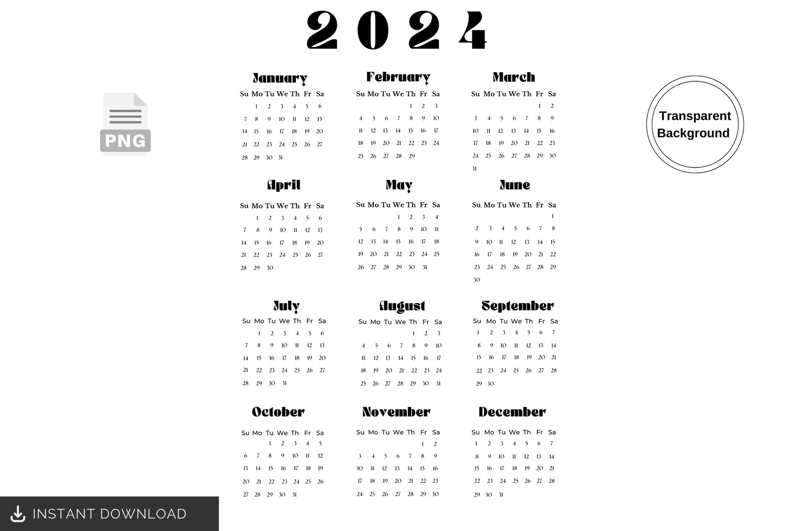 2024 Calendar PNG Digital Calendar PNG Calendar Printable 2024 Calendar