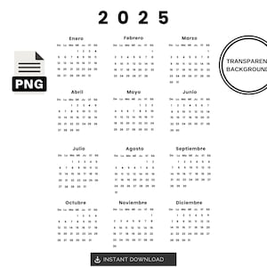 Calendario Digital | 2025 Calendar Design with Transparent Background | Calendario 2025 PNG | 2025 Calendar PNG | Inicio Domingo y Lunes