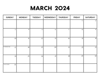 2024 March Calendar with Holidays | March Calendar printable | Sunday & Monday Start | Letter / A4  PDF / PNG / JPG | March Planner