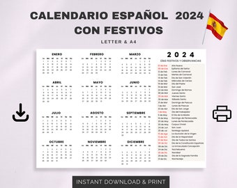 Calendario Español 2024 con Festivos /2024 Spanish Calendar with Holidays / Inicio Domingo y Lunes / Letra/A4 /Calendario Español Imprimible