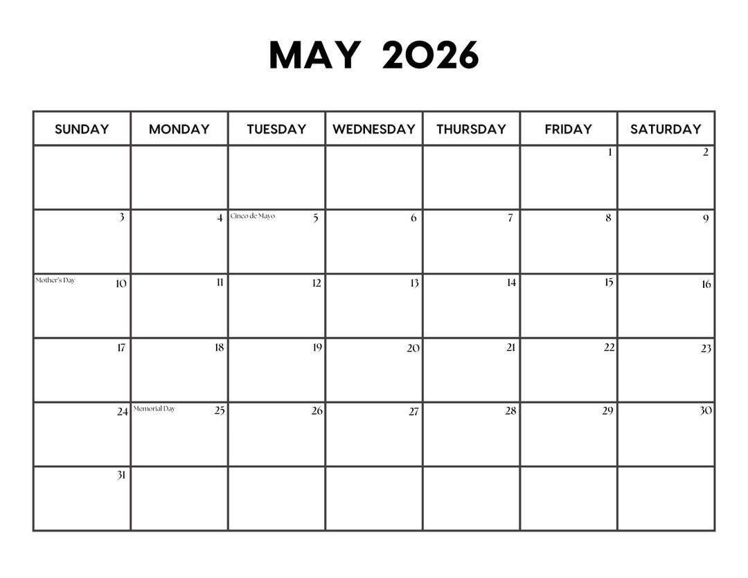 2026 Mai Kalender mit Feiertagen | Mai Kalender zum Ausdrucken