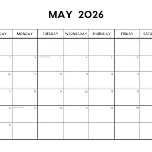Op de afbeelding: Een zwart-wit kalender voor mei 2026. Het kalenderraster toont de dagen van de week bovenaan en de datums in het raster. Feestdagen zoals Moederdag, Cinco de Mayo en Memorial Day zijn genoteerd.