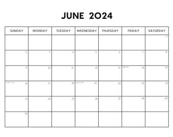 2024 June Calendar with Holidays | June Calendar Printable | Sunday & Monday Start | Letter / A4  PDF / PNG / JPG | June Planner