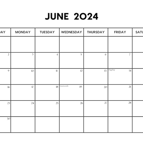 2024 June Calendar with Holidays | June Calendar Printable | Sunday & Monday Start | Letter / A4  PDF / PNG / JPG | June Planner