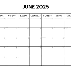 Calendario de junio de 2025 con días festivos / Calendario de junio imprimible / Inicio en domingo y lunes / Carta / A4 PDF / PNG / Planificador de junio