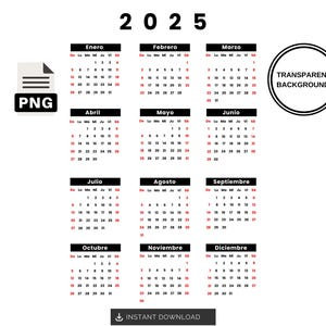 Kalender 2025, png-bestand | Calendario digitaal kalenderontwerp 2025 met transparante achtergrond | Inicio Domingo en Lunes | Calendario 2025, png
