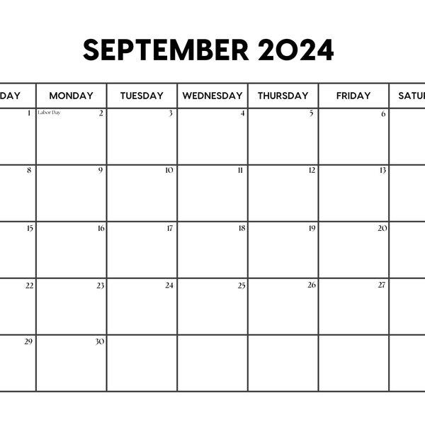 Calendrier de septembre 2024 avec jours fériés | Calendrier de septembre imprimable | Début dimanche et lundi | Lettre / A4 / PNG / JPG | Agenda de septembre