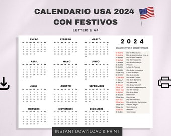 Calendario USA 2024 con festivos | 2024 US Calendar with Holidays in Spanish | Inicio Domingo y Lunes | Letra/ A4 | Calendario imprimible