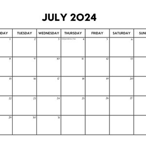 2024 July Calendar with Holidays July Calendar Printable Sunday & Monday Start Letter / A4 PDF / PNG / JPG July Planner Bild 2