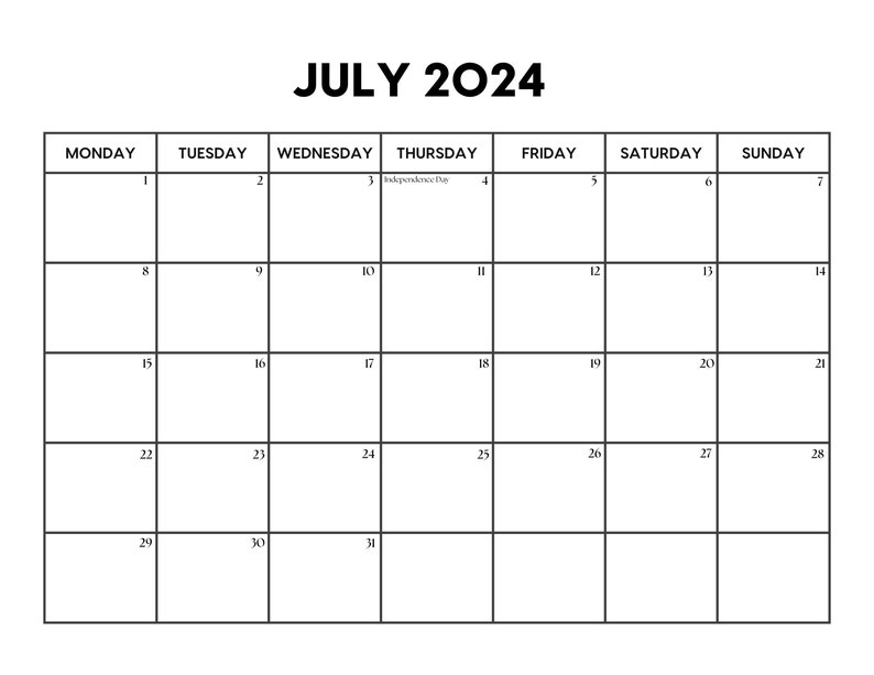 2024 July Calendar with Holidays July Calendar Printable Sunday & Monday Start Letter / A4 PDF / PNG / JPG July Planner Bild 2