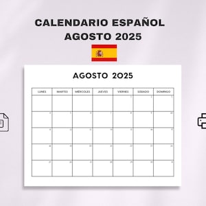Calendario Agosto 2025 / Calendario Agosto Imprimible / Domingo & Lunes Inicio / Carta / A4 / PDF / Calendario Agosto 2025 para Imprimir