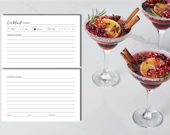 Utskrivbart receptkort för cocktails, dubbelsidigt, mall för receptkort för drinkar, receptkort för cocktails, redigerbara receptkort, receptkort 4x6.
