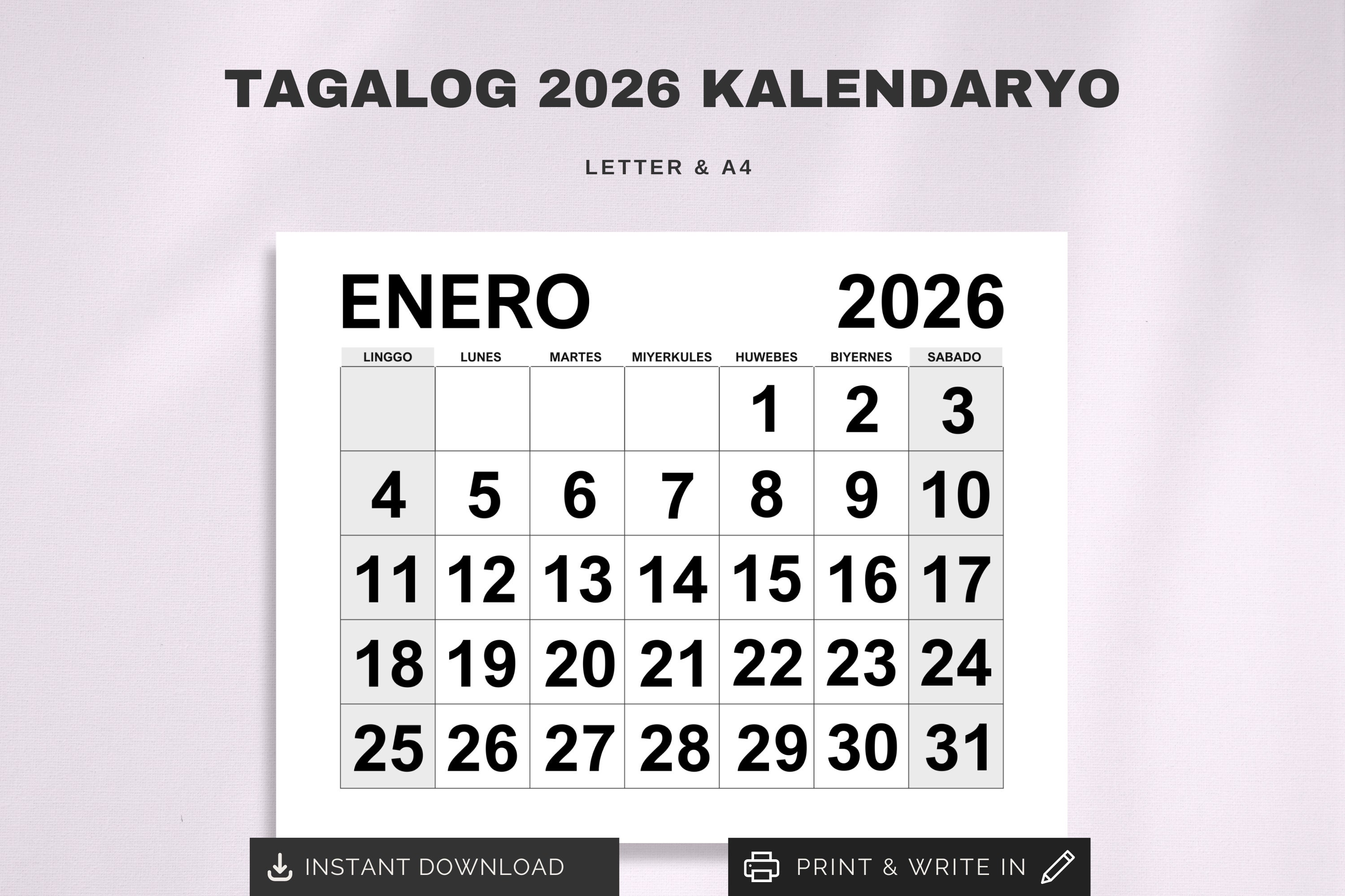Tagalog 2026 Kalendaryo PDF Printable 2026 Filipino Calendar Monday