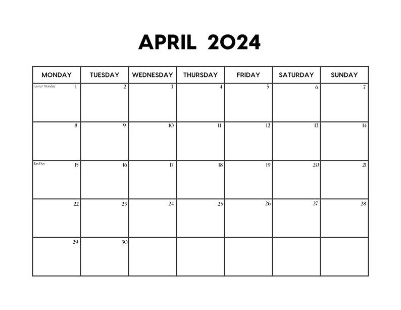 2024 April Calendar with Holidays April Calendar printable Sunday & Monday Start Letter / A4 PDF / PNG / JPG April Planner image 2