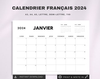 Calendrier 2024 Imprimable | Printable 2024 French calendar | Lettre / A4 Calendar | Début lundi et Dimanche | Calendrier Français 2024