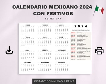 Calendario Mexicano 2024 con Festivos | 2024 Mexican Calendar with Holidays | Inicio Domingo y Lunes | Letra/A4 Calendario | Imprimible 2024