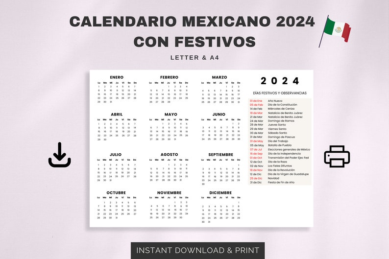 Calendario Mexicano 2024 Con Festivos 2024 Mexican Calendar With