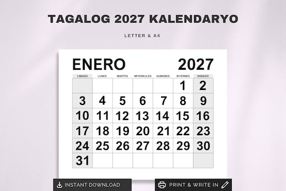 Tagalog 2027 Kalendaryo PDF  Filipino Printable  Monday &  Sunday Start | Filipino Printable | Philippines Calendar 2027 - Etsy Israel
