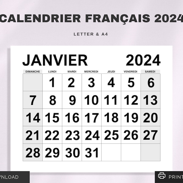 Calendrier Français 2024 | Printable 2024 French calendar | Début lundi et Dimanche | Calendrier 2024 Imprimable