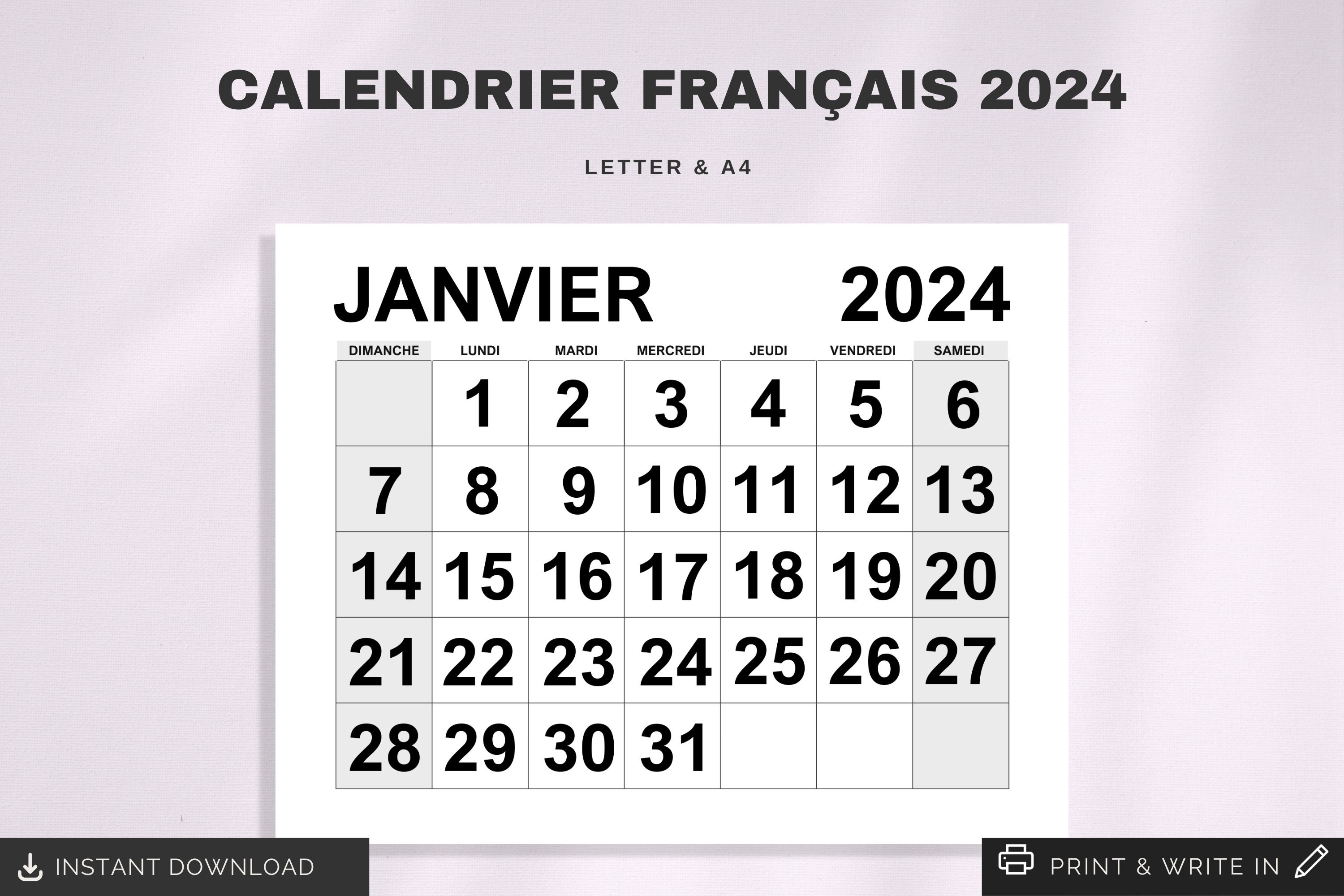 Calendrier Mensuel 2024 Digital à Imprimer En Français // 12 Mois De  Janvier 2024 à Décembre 2024 // Format A4 // Simple Minimaliste 