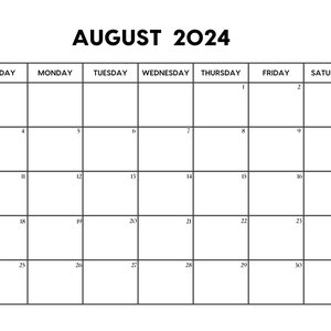 2024 August Calendar August Calendar Printable Sunday & Monday Start Letter / A4 PDF / PNG / JPG August Planner image 1