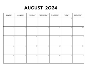 Calendario di agosto 2024/Calendario di agosto stampabile/Inizio domenica e lunedì/Lettera/A4 PDF/PNG/JPG/Agenda di agosto