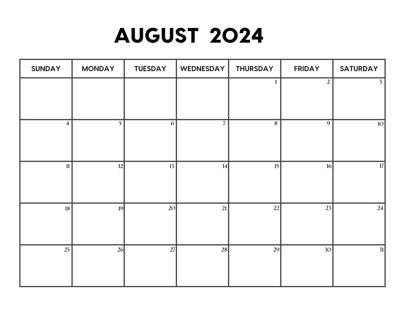 2024 August Calendar August Calendar Printable Sunday & Monday Start Letter / A4 PDF / PNG / JPG August Planner image 1