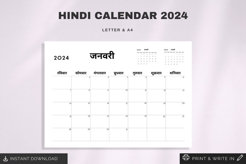 Hindi 2024 Calendar Printable Sunday & Monday Start 2024 Calendar in