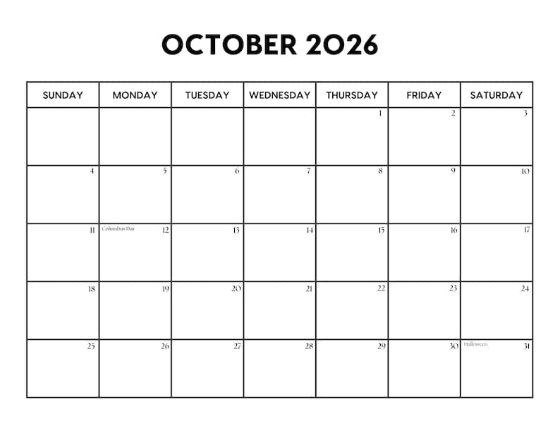 2026 October Calendar With Holidays | October Calendar Printable