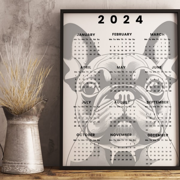 2024 French Bulldog Calendar | Dog Calendar for 2024 | Frenchie Calendar Printable | French Bulldog Digital Download | Letter / A4