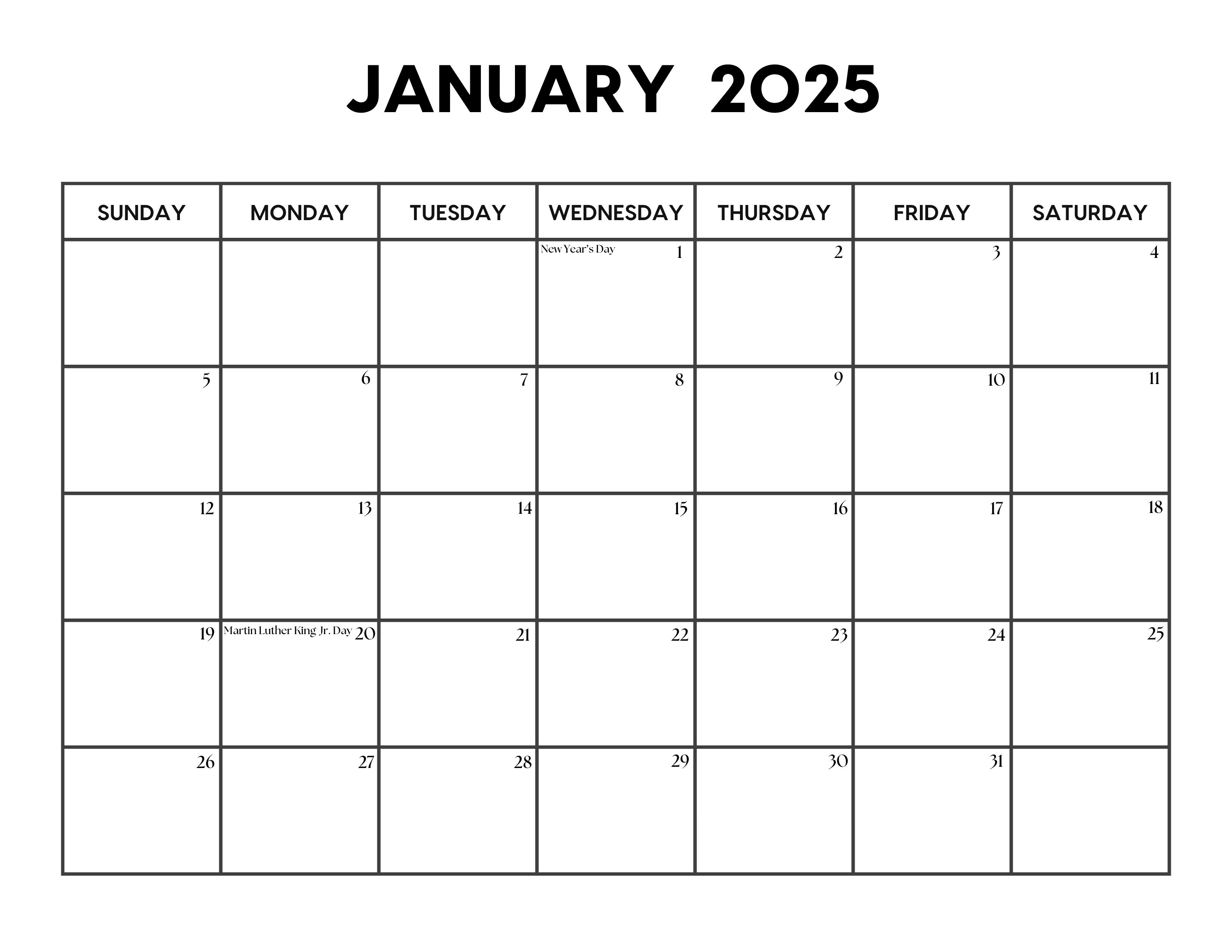 2025 January Calendar With Holidays January Calendar Printable Sunday & Monday Start Letter / A4