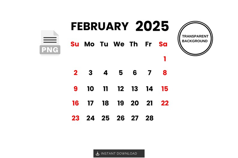 February 2025 Calendar PNG Digital Calendar February PNG Calendar Printable February 2025