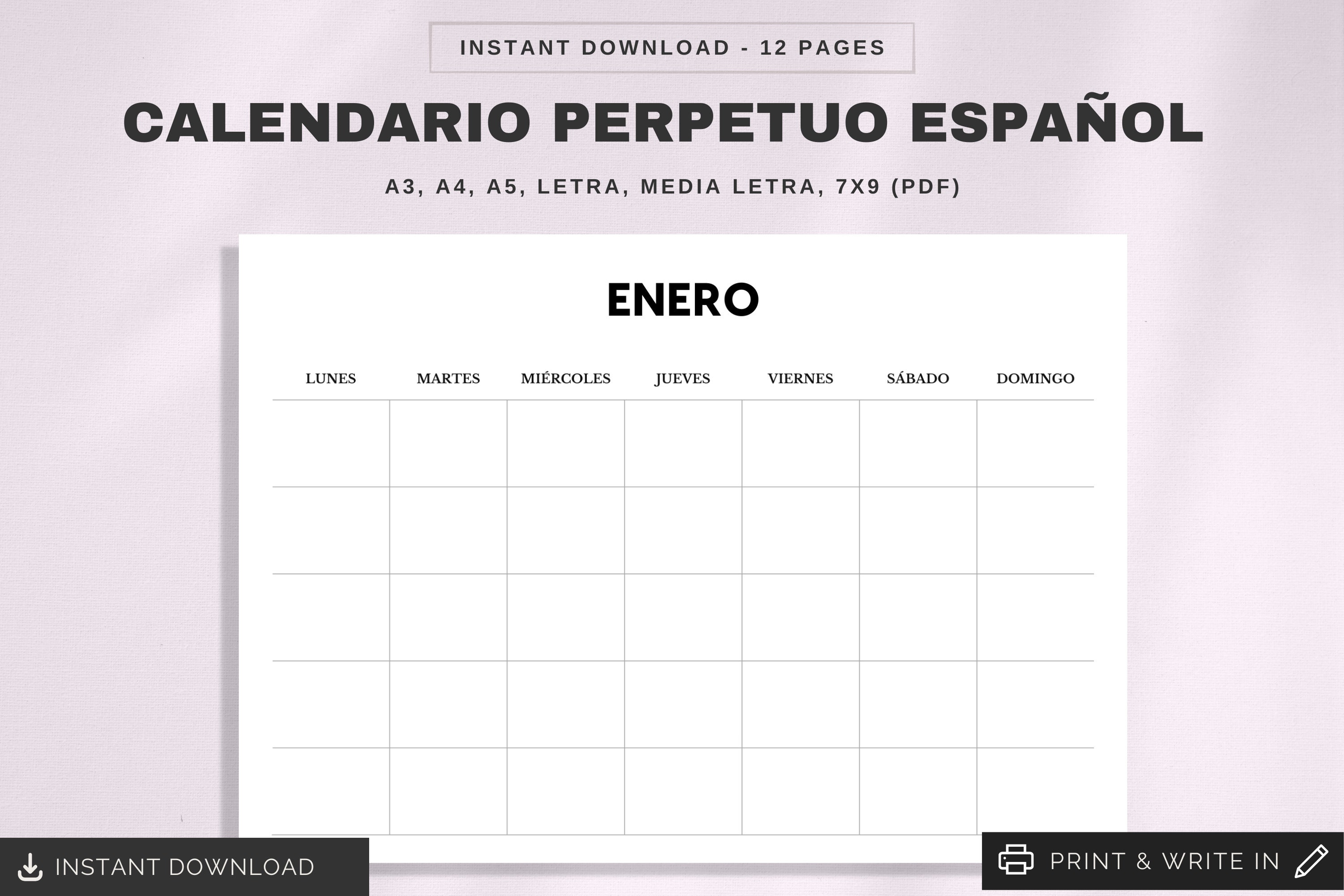 Calendario Perpetuo Español Spanish Perpetual Calendar Calendario Sin Fecha  Undated Calendar Printable Letra, Media Letra, A4 