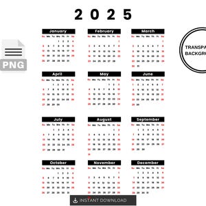 2025 カレンダー デザイン | 透明な背景のデジタル カレンダー PNG | 印刷可能なカレンダー PNG