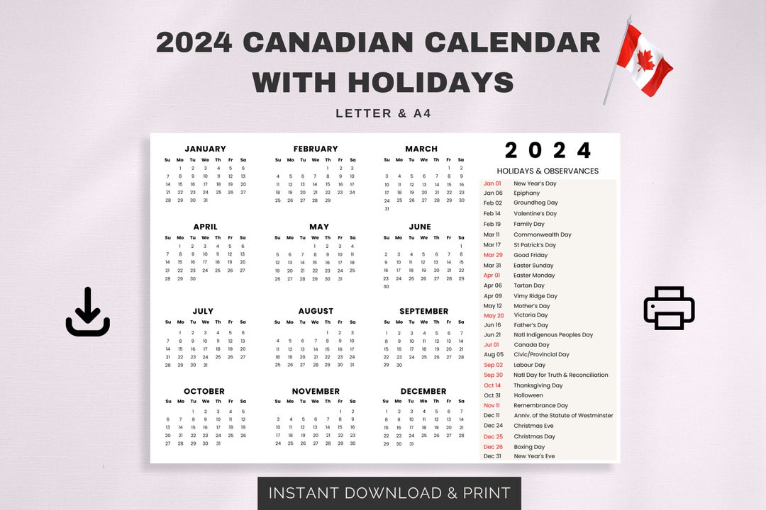 2024 Canadian Calendar With Holidays Sunday & Monday Start Letter / A4