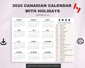 2024 Canadese kalender met feestdagen | Zondag & Maandag Start | Letter-/A4-PDF | Jaarlijkse Canadese kalender afdrukbaar