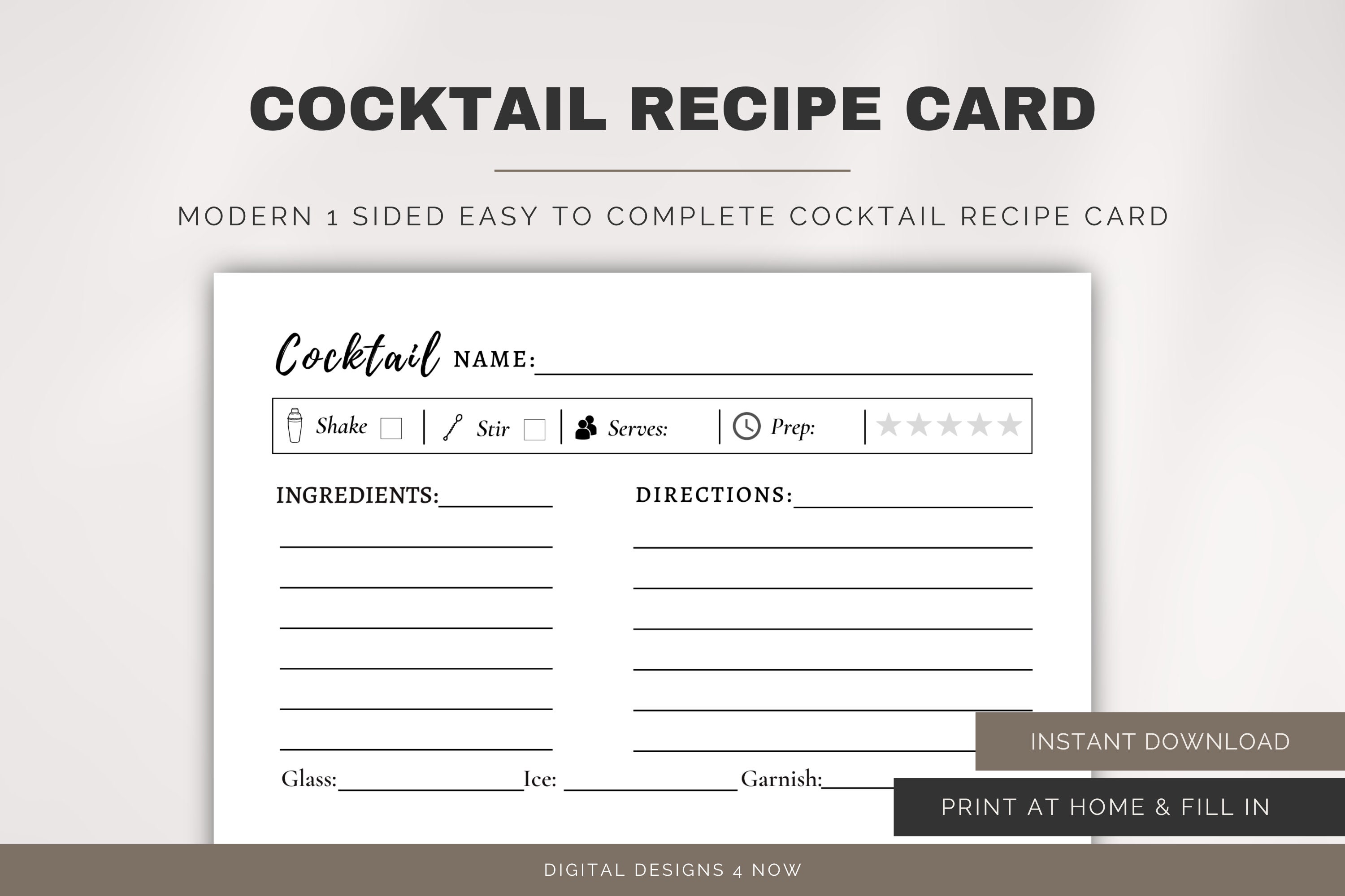 Cocktail Recipe Card Printable, Drink Recipe Card Template, Cocktail
