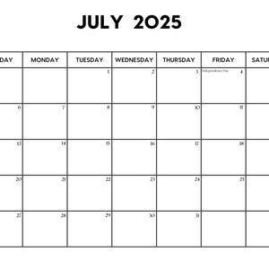 Calendario de julio de 2025 con días festivos / Calendario de julio imprimible / Inicio en domingo y lunes / Carta / A4 PDF / PNG / Planificador de julio