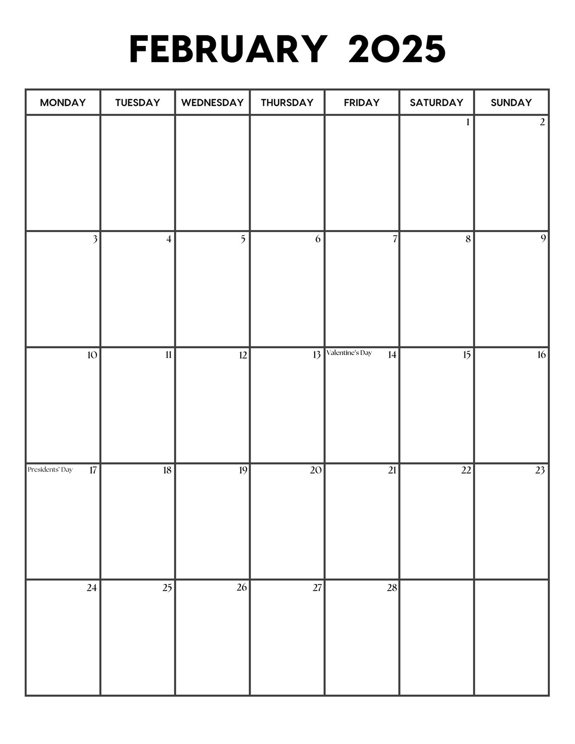 2025 February Calendar With Holidays in Portrait Orientation February Calendar Printable Sunday