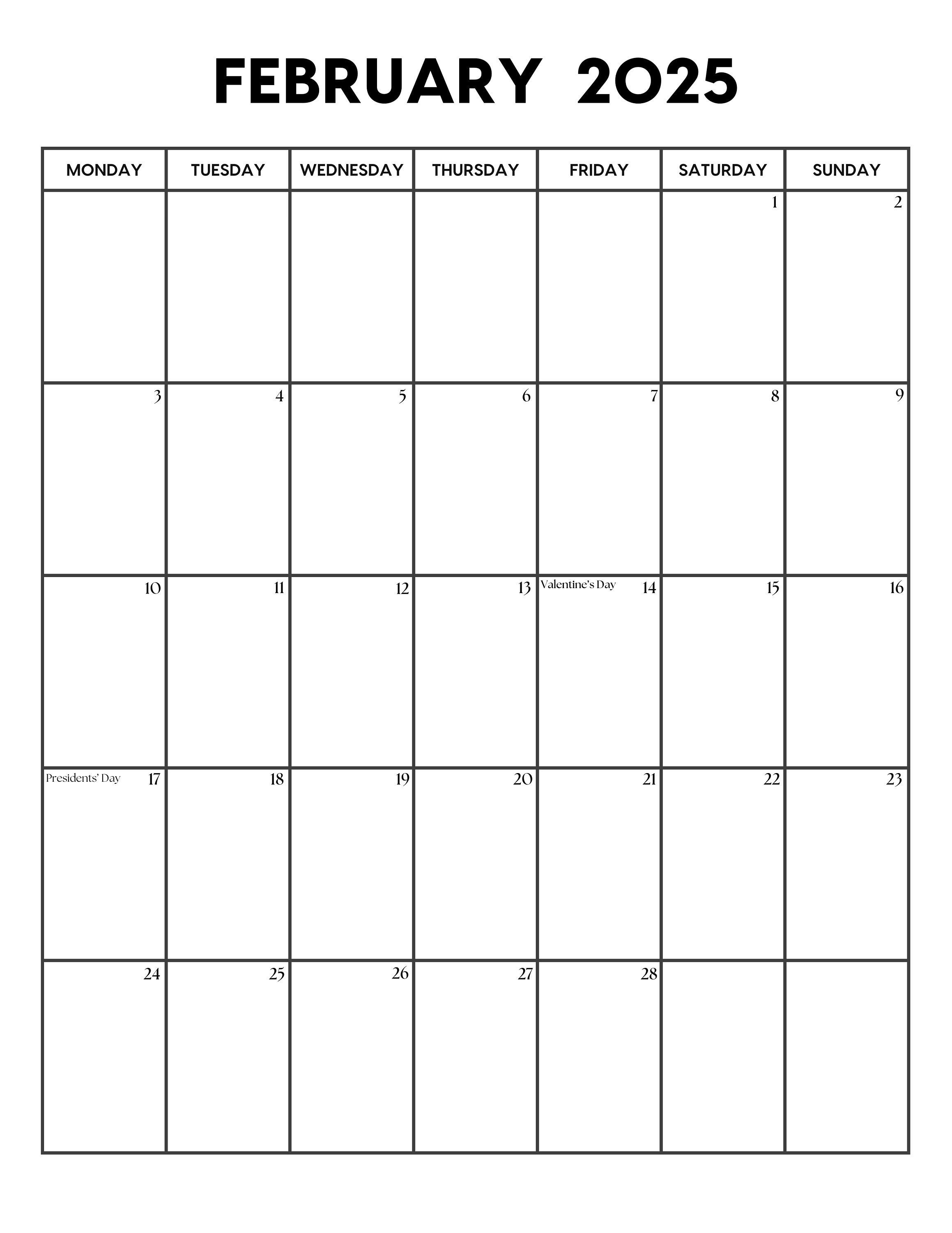 2025 February Calendar With Holidays in Portrait Orientation February Calendar Printable Sunday