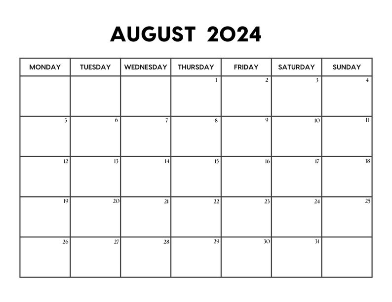 2024 August Calendar August Calendar Printable Sunday & Monday Start Letter / A4 PDF / PNG / JPG August Planner image 2