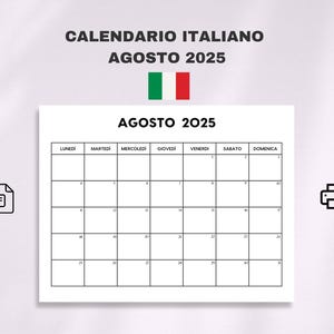 Calendário Italiano Agosto 2025 | Calendário italiano agosto 2025 | Início domenica e lunedì | Carta / Calendário A4 PDF