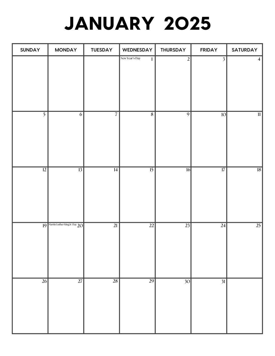 2025 January Calendar With Holidays in Portrait Orientation January