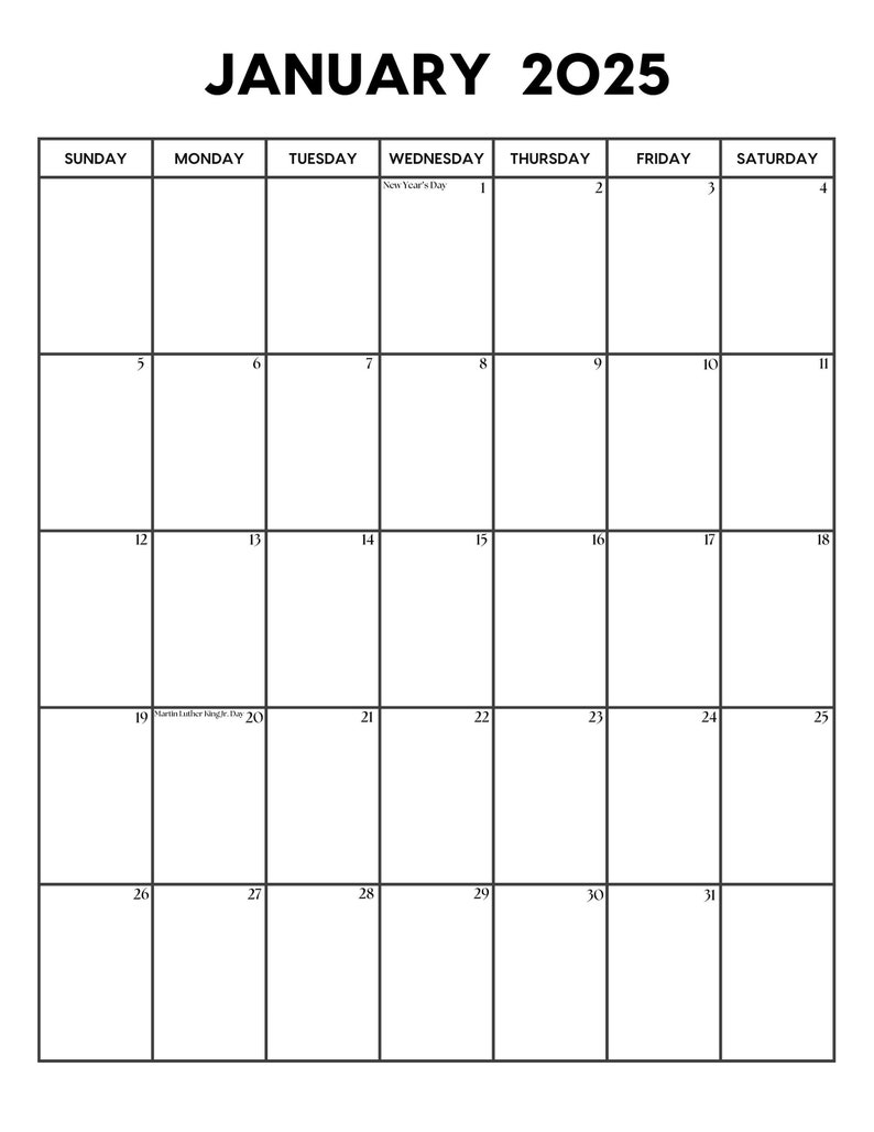 2025 January Calendar With Holidays in Portrait Orientation January
