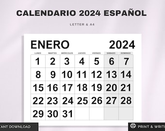 Calendario 2024 en Español | Printable 2024 Spanish Calendar | Inicio Domingo y Lunes | Letra, A4 Calendario | Calendario Español Imprimible